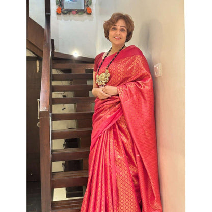 Isadora Life Womens Woven Tassels Pink Pre-Draped Saree with Unstitched Blouse