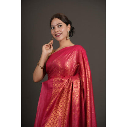 Isadora Life Womens Woven Tassels Pink Pre-Draped Saree with Unstitched Blouse