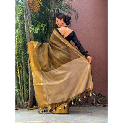 Isadora Life Womens Solid Tassels Brown Pre-Draped Saree with Unstitched Blouse