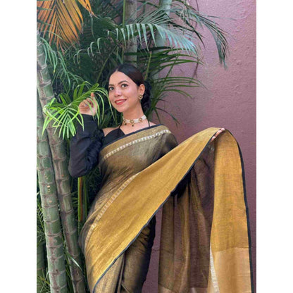 Isadora Life Womens Solid Tassels Brown Pre-Draped Saree with Unstitched Blouse