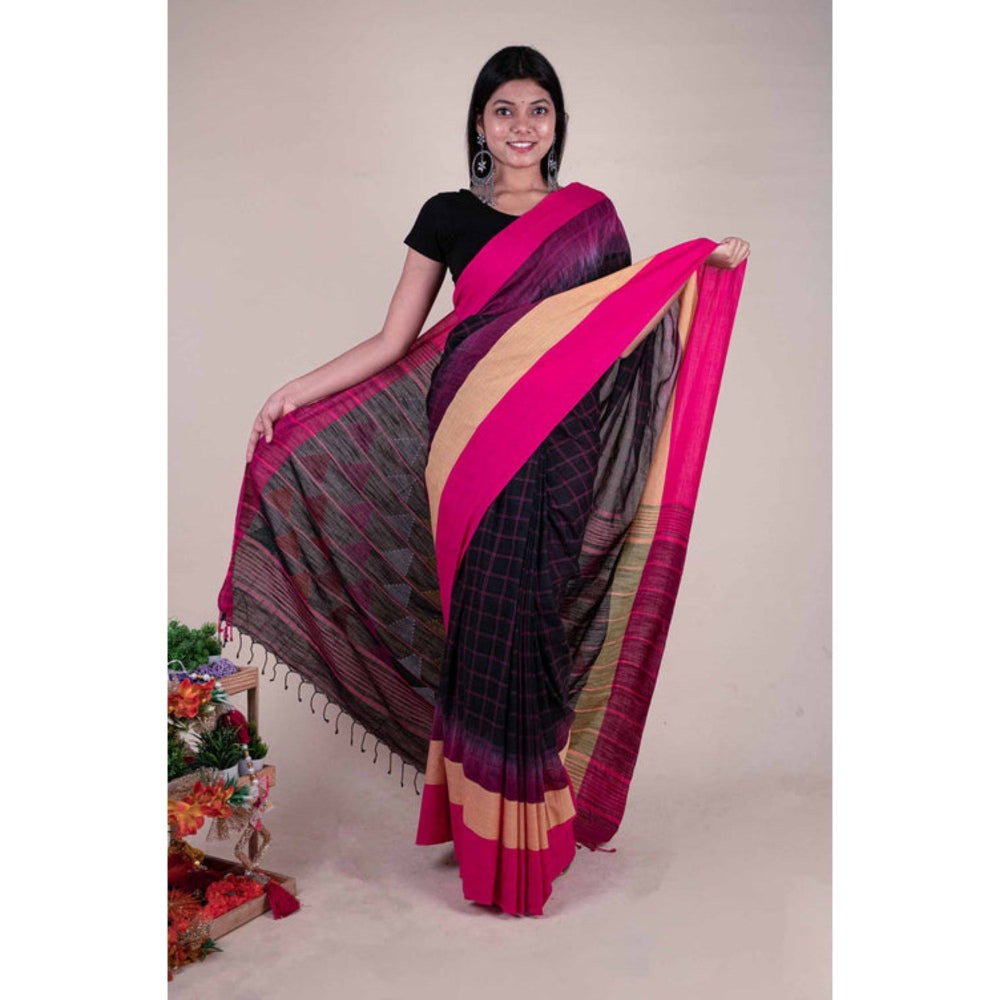 Isadora Life Womens Checks Tassels Black Pre-Draped Saree with Unstitched Blouse