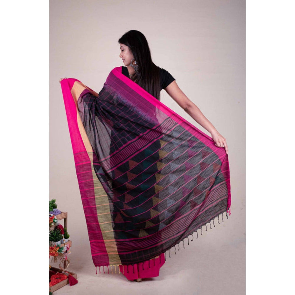 Isadora Life Womens Checks Tassels Black Pre-Draped Saree with Unstitched Blouse