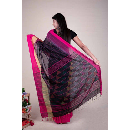 Isadora Life Womens Checks Tassels Black Pre-Draped Saree with Unstitched Blouse