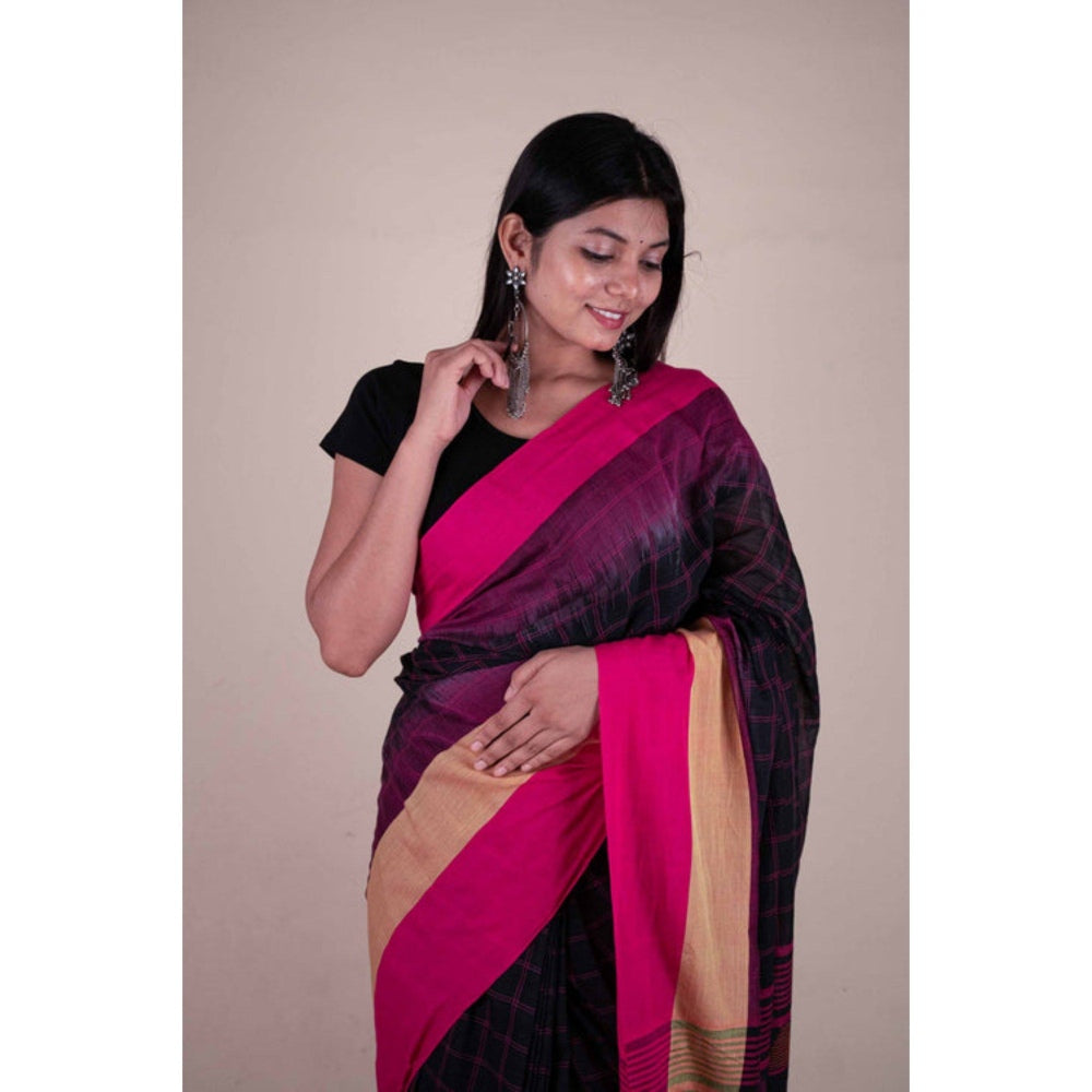 Isadora Life Womens Checks Tassels Black Pre-Draped Saree with Unstitched Blouse