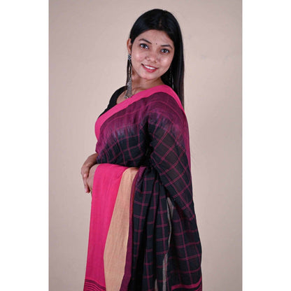 Isadora Life Womens Checks Tassels Black Pre-Draped Saree with Unstitched Blouse