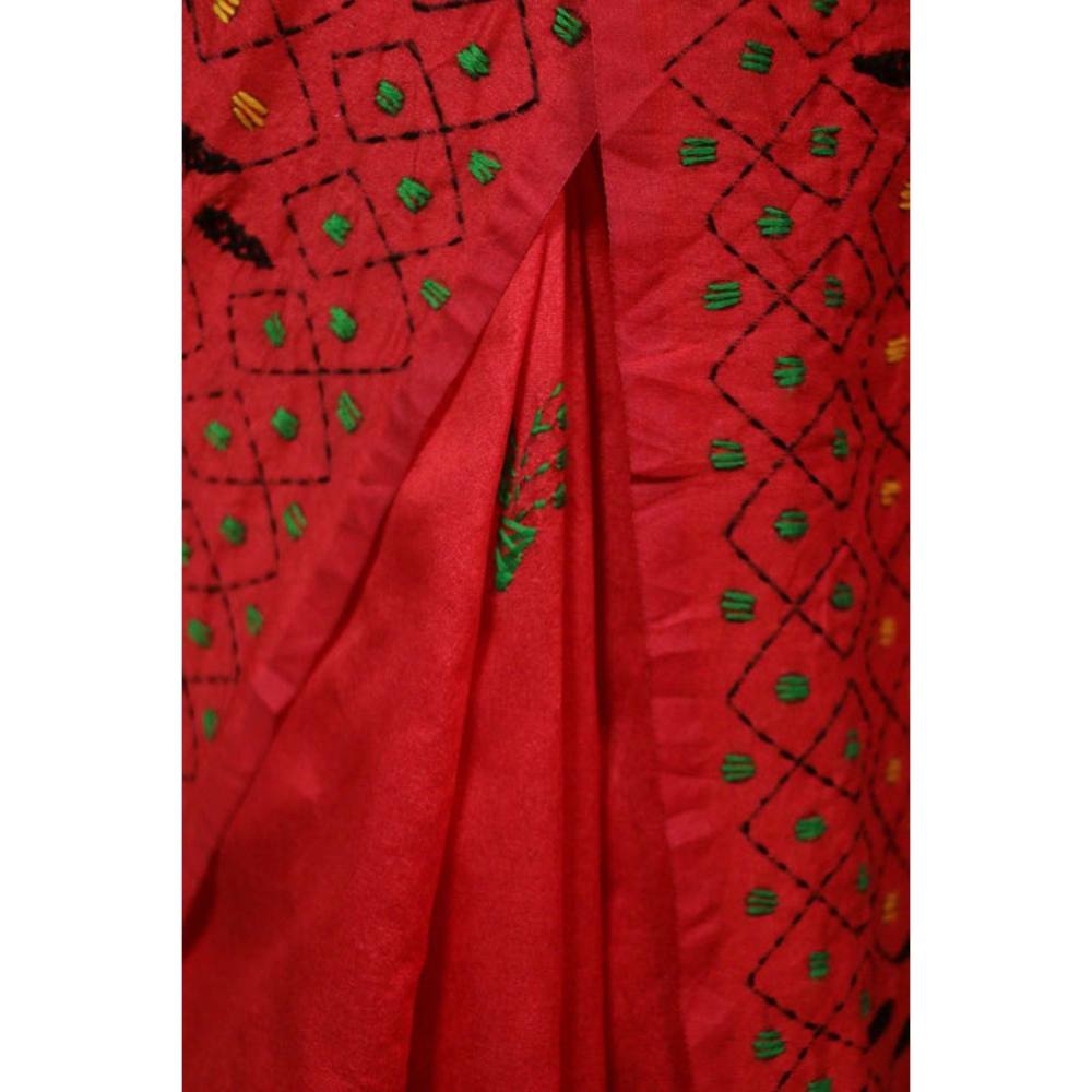 Isadora Life Womens Embroidered Thread Work Red Pre-Draped Saree with Unstitched Blouse