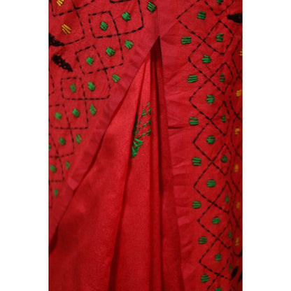 Isadora Life Womens Embroidered Thread Work Red Pre-Draped Saree with Unstitched Blouse