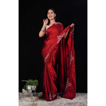 Isadora Life Womens Sequined Embroidered Maroon Pre-Draped Saree with Unstitched Blouse