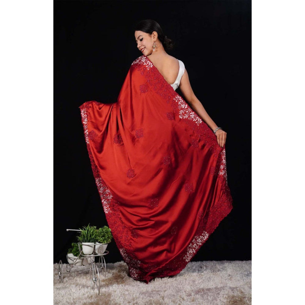 Isadora Life Womens Sequined Embroidered Maroon Pre-Draped Saree with Unstitched Blouse