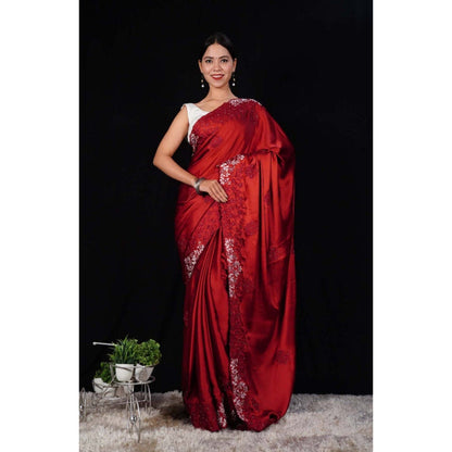 Isadora Life Womens Sequined Embroidered Maroon Pre-Draped Saree with Unstitched Blouse