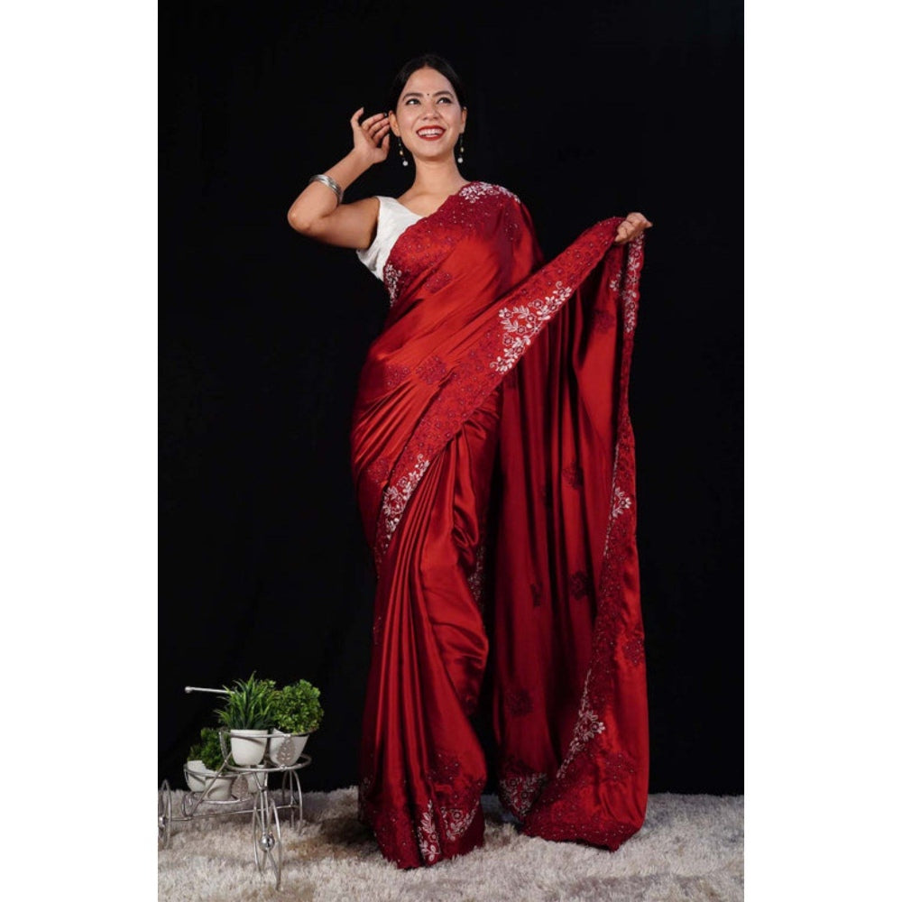 Isadora Life Womens Sequined Embroidered Maroon Pre-Draped Saree with Unstitched Blouse