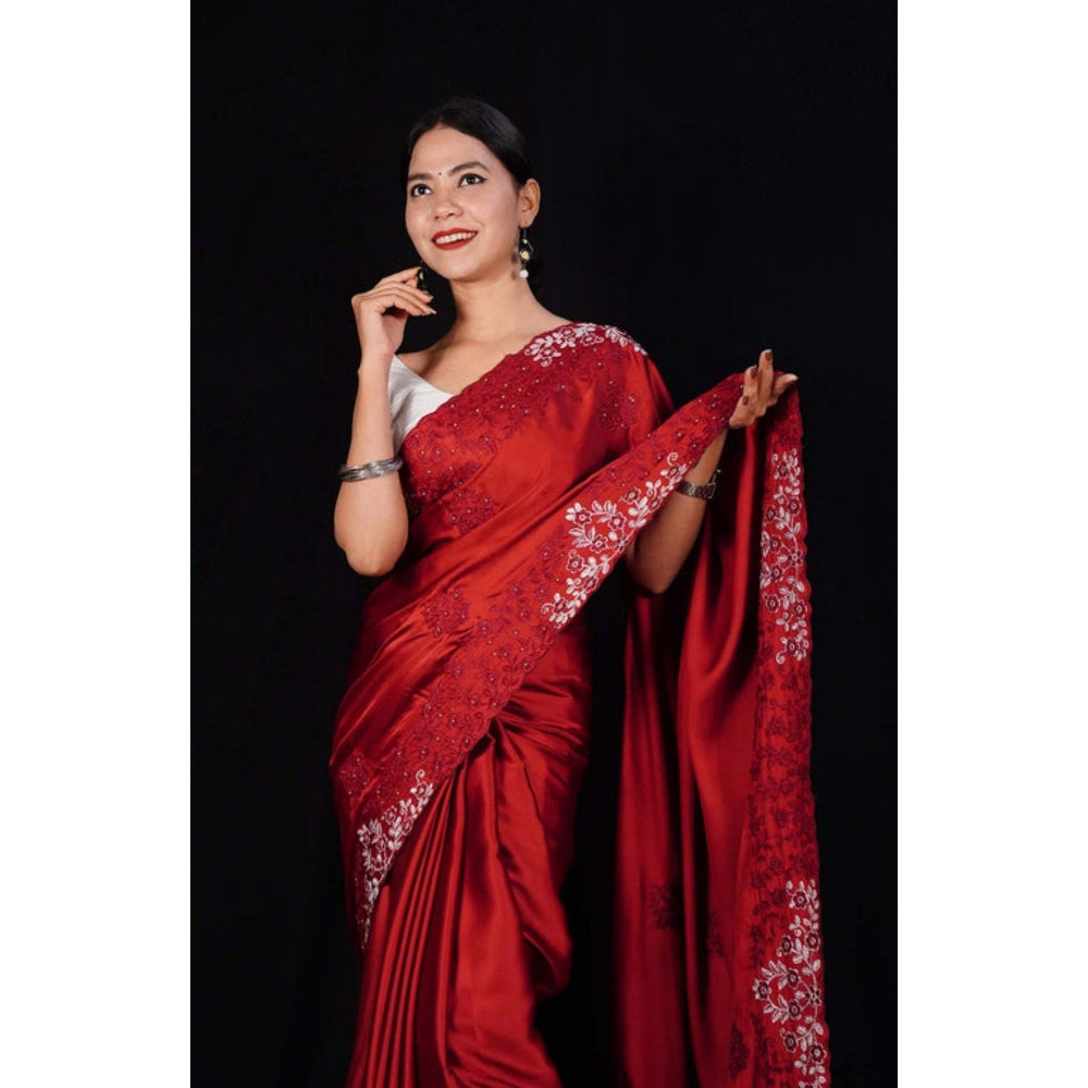 Isadora Life Womens Sequined Embroidered Maroon Pre-Draped Saree with Unstitched Blouse