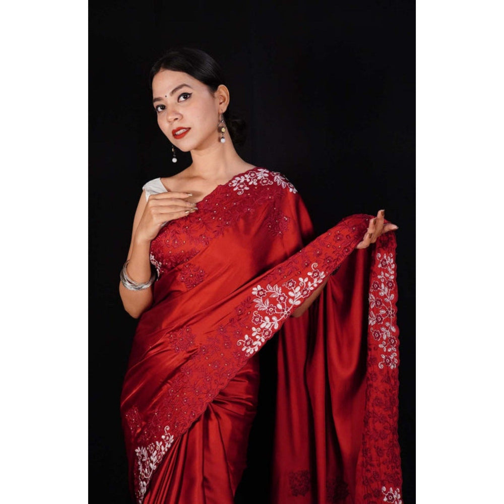 Isadora Life Womens Sequined Embroidered Maroon Pre-Draped Saree with Unstitched Blouse