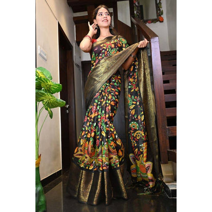 Isadora Life Womens Floral Printed Black Pre-Draped Saree with Unstitched Blouse
