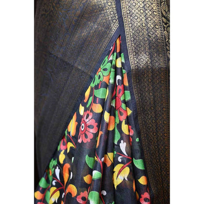 Isadora Life Womens Floral Printed Black Pre-Draped Saree with Unstitched Blouse