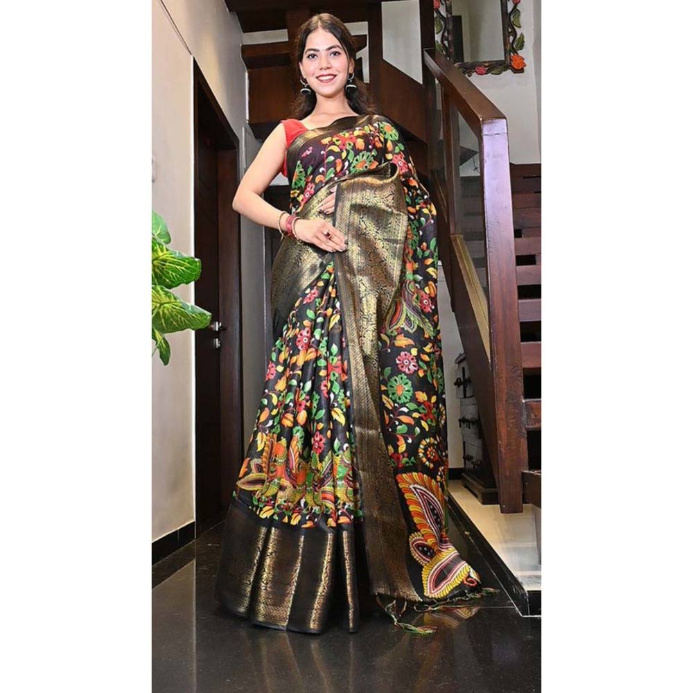 Isadora Life Womens Floral Printed Black Pre-Draped Saree with Unstitched Blouse