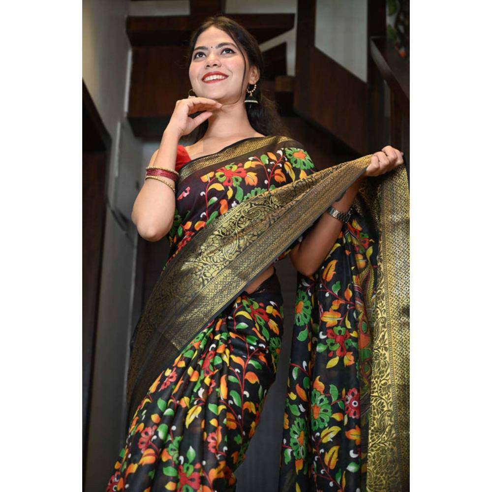 Isadora Life Womens Floral Printed Black Pre-Draped Saree with Unstitched Blouse