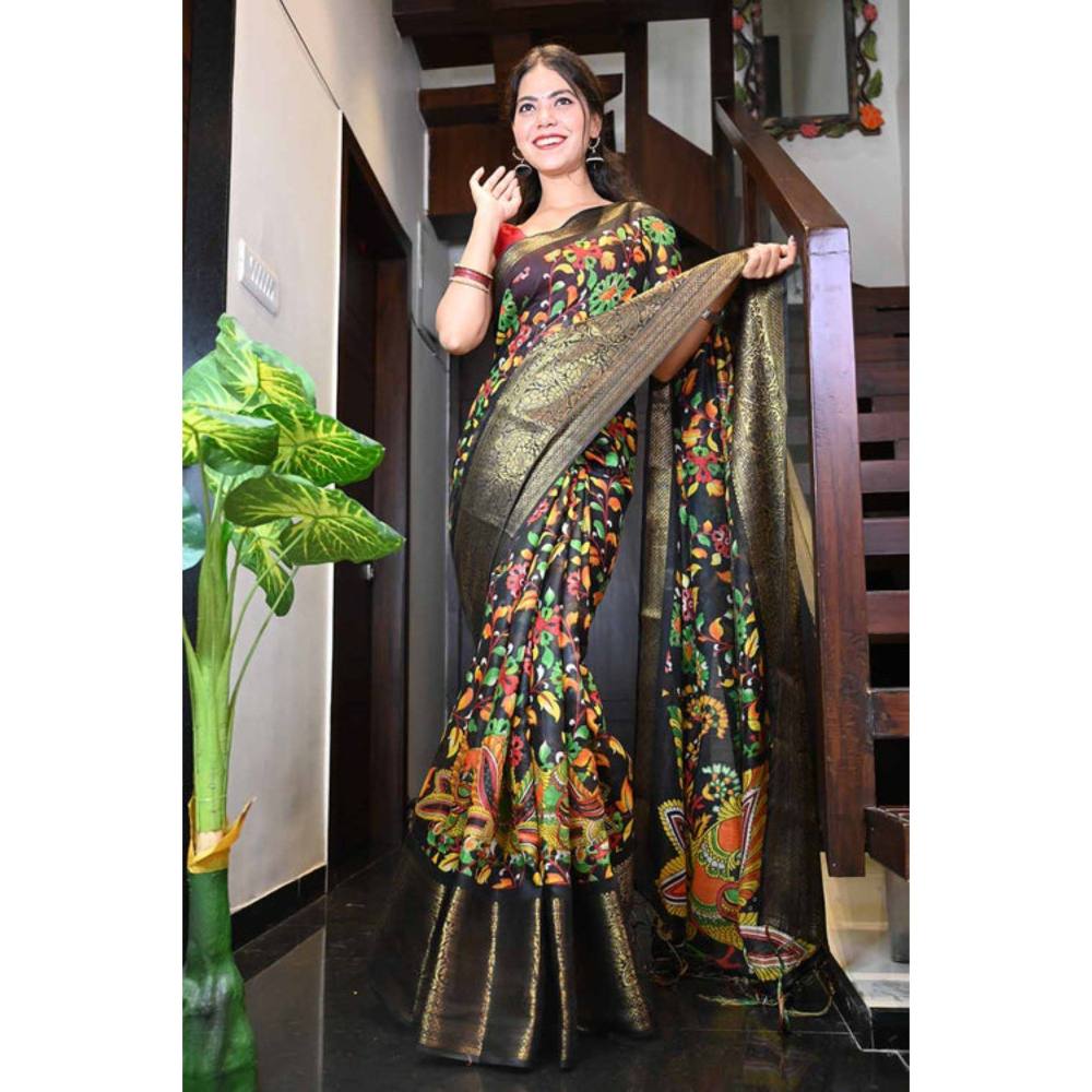 Isadora Life Womens Floral Printed Black Pre-Draped Saree with Unstitched Blouse