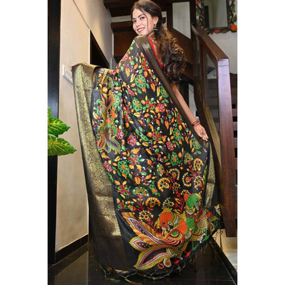 Isadora Life Womens Floral Printed Black Pre-Draped Saree with Unstitched Blouse