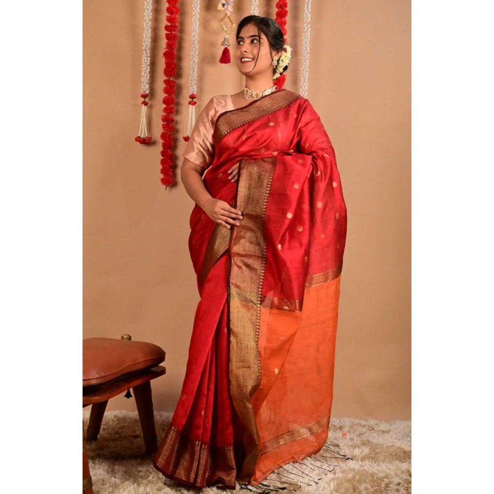 Isadora Life Womens Woven Tassels Red Pre-Draped Saree with Unstitched Blouse