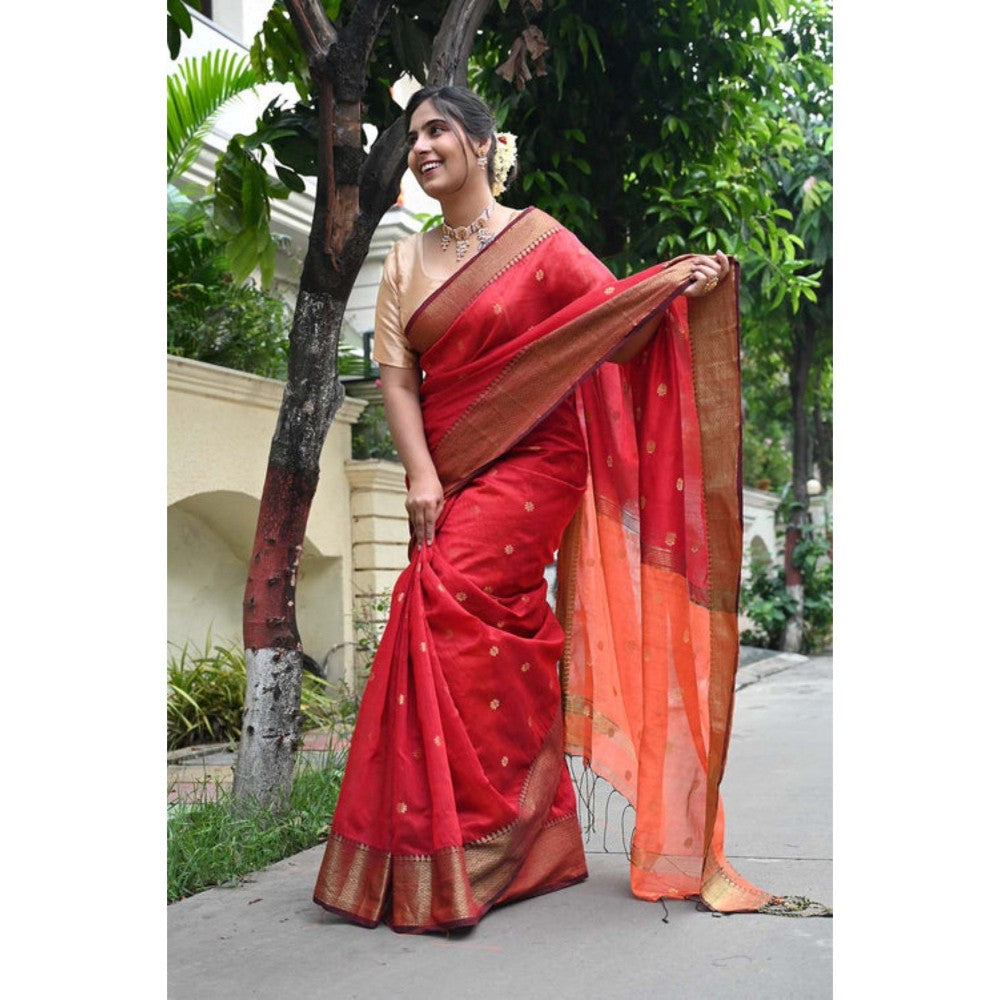 Isadora Life Womens Woven Tassels Red Pre-Draped Saree with Unstitched Blouse