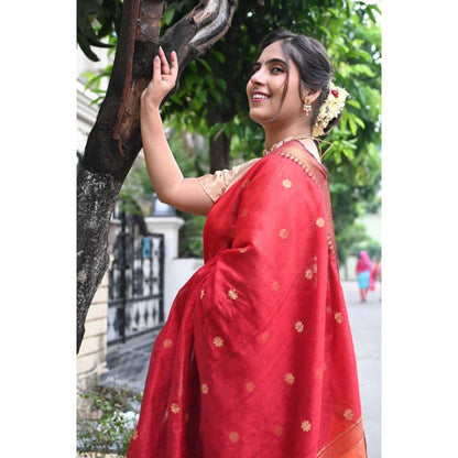 Isadora Life Womens Woven Tassels Red Pre-Draped Saree with Unstitched Blouse