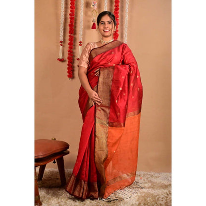 Isadora Life Womens Woven Tassels Red Pre-Draped Saree with Unstitched Blouse