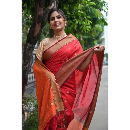 Isadora Life Womens Woven Tassels Red Pre-Draped Saree with Unstitched Blouse