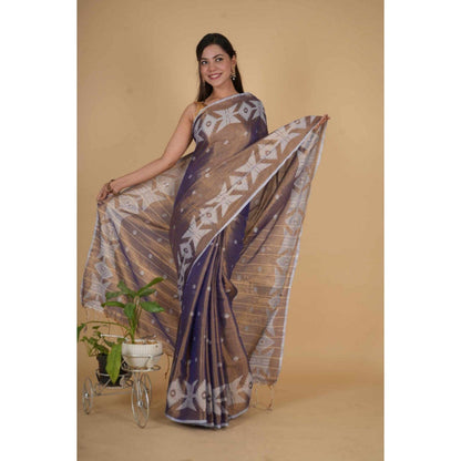 Isadora Life Womens Woven Tassels Purple Pre-Draped Saree with Unstitched Blouse
