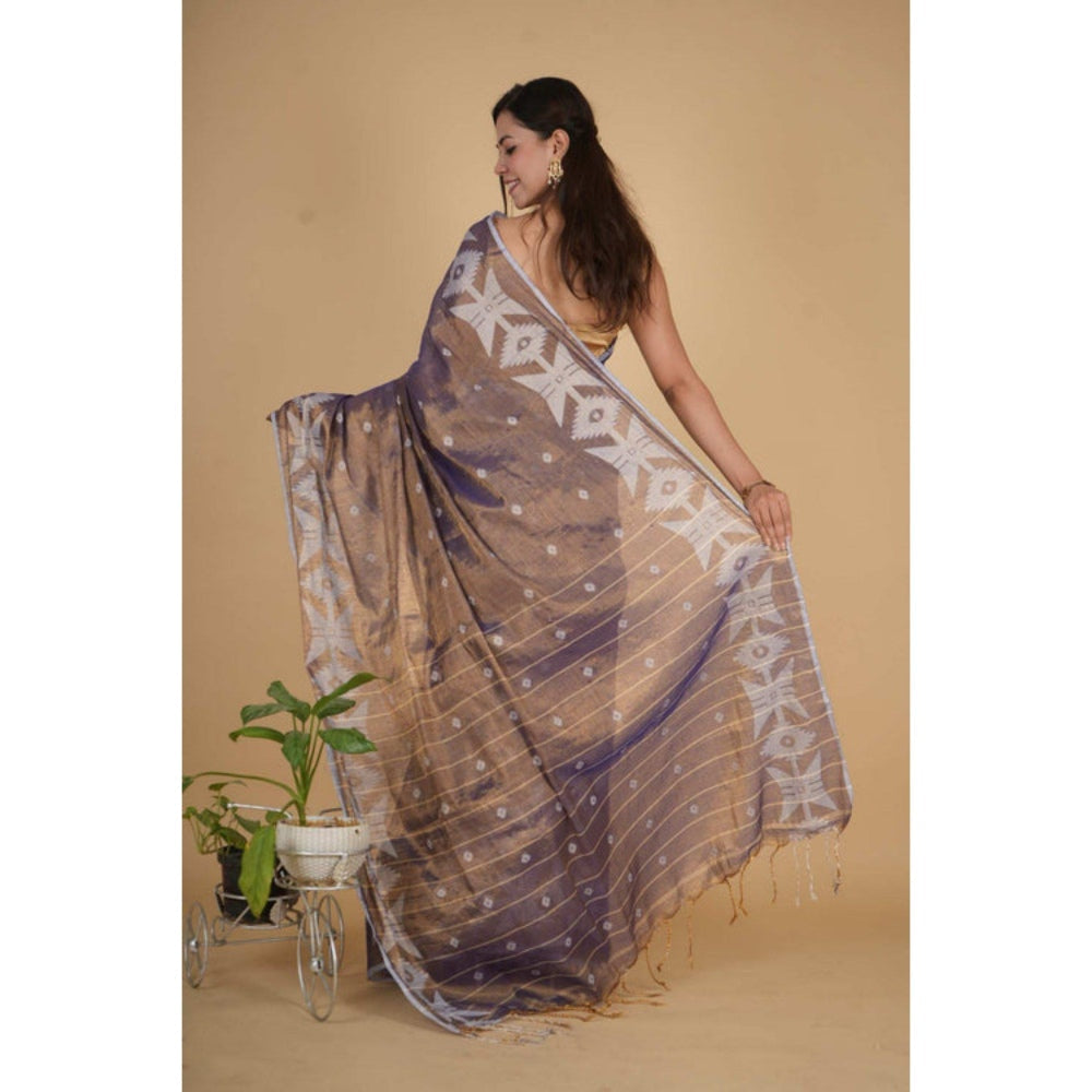 Isadora Life Womens Woven Tassels Purple Pre-Draped Saree with Unstitched Blouse