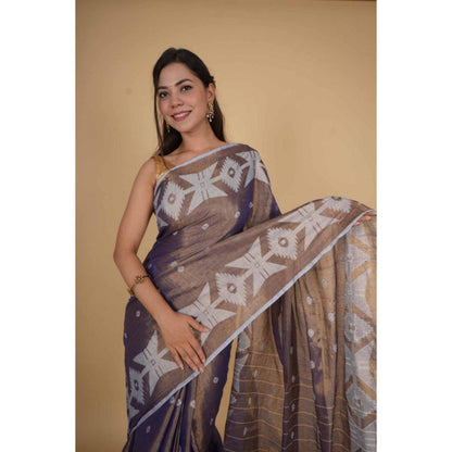 Isadora Life Womens Woven Tassels Purple Pre-Draped Saree with Unstitched Blouse