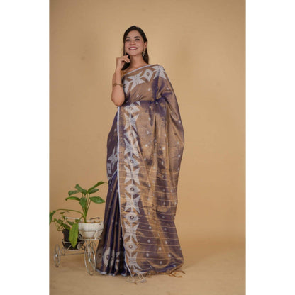 Isadora Life Womens Woven Tassels Purple Pre-Draped Saree with Unstitched Blouse