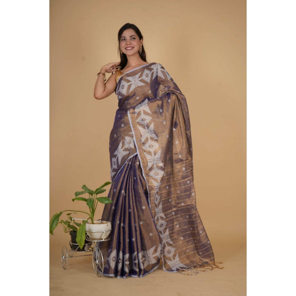 Isadora Life Womens Woven Tassels Purple Pre-Draped Saree with Unstitched Blouse