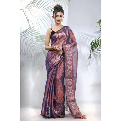 Isadora Life Womens Woven Tassels Purple Pre-Draped Saree with Unstitched Blouse