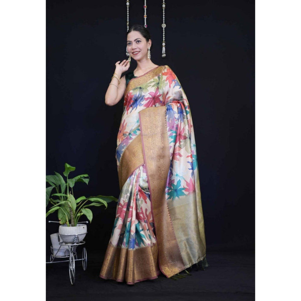 Isadora Life Womens Floral Tassels Multi-Color Pre-Draped Saree with Unstitched Blouse