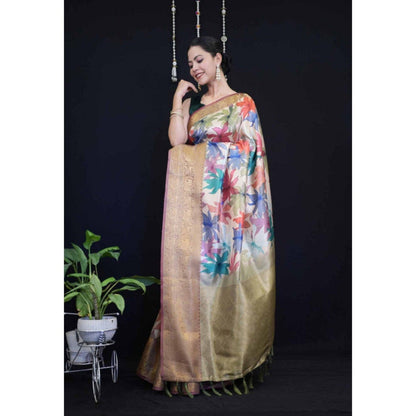 Isadora Life Womens Floral Tassels Multi-Color Pre-Draped Saree with Unstitched Blouse