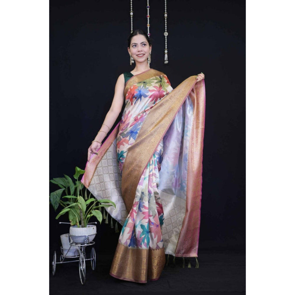 Isadora Life Womens Floral Tassels Multi-Color Pre-Draped Saree with Unstitched Blouse