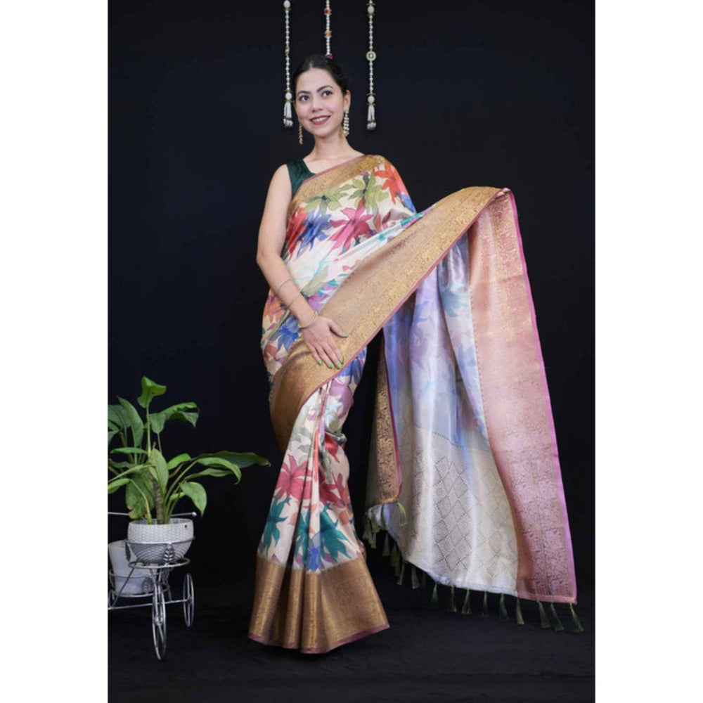 Isadora Life Womens Floral Tassels Multi-Color Pre-Draped Saree with Unstitched Blouse
