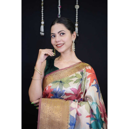 Isadora Life Womens Floral Tassels Multi-Color Pre-Draped Saree with Unstitched Blouse