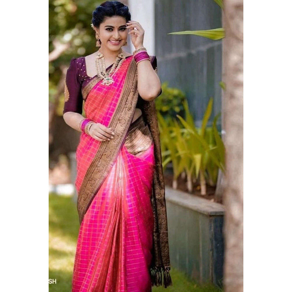Isadora Life Womens Checks Printed Pink Pre-Draped Saree with Unstitched Blouse