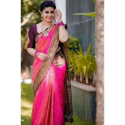Isadora Life Womens Checks Printed Pink Pre-Draped Saree with Unstitched Blouse