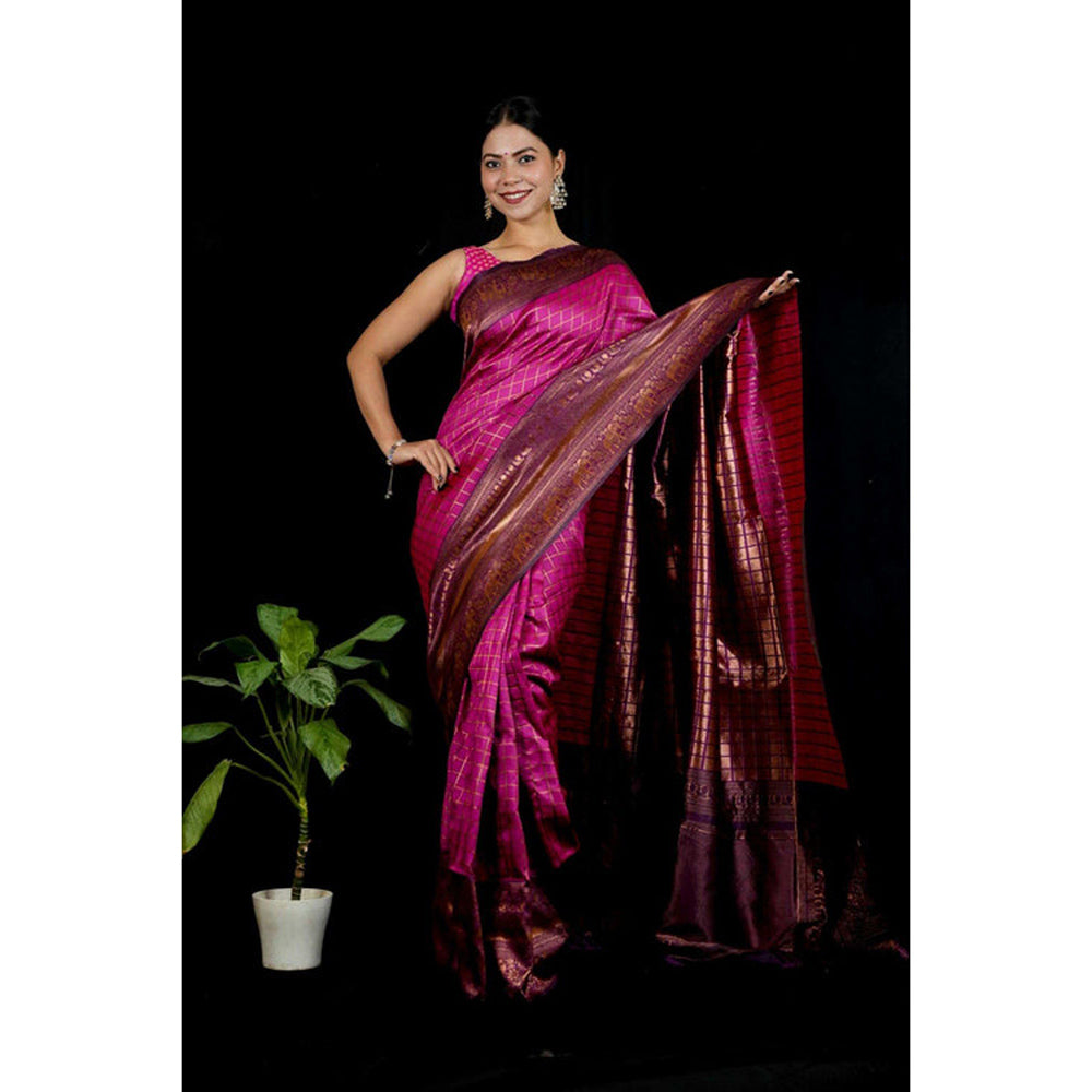 Isadora Life Womens Checks Printed Pink Pre-Draped Saree with Unstitched Blouse