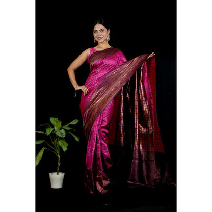 Isadora Life Womens Checks Printed Pink Pre-Draped Saree with Unstitched Blouse