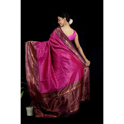 Isadora Life Womens Checks Printed Pink Pre-Draped Saree with Unstitched Blouse