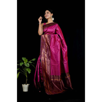 Isadora Life Womens Checks Printed Pink Pre-Draped Saree with Unstitched Blouse