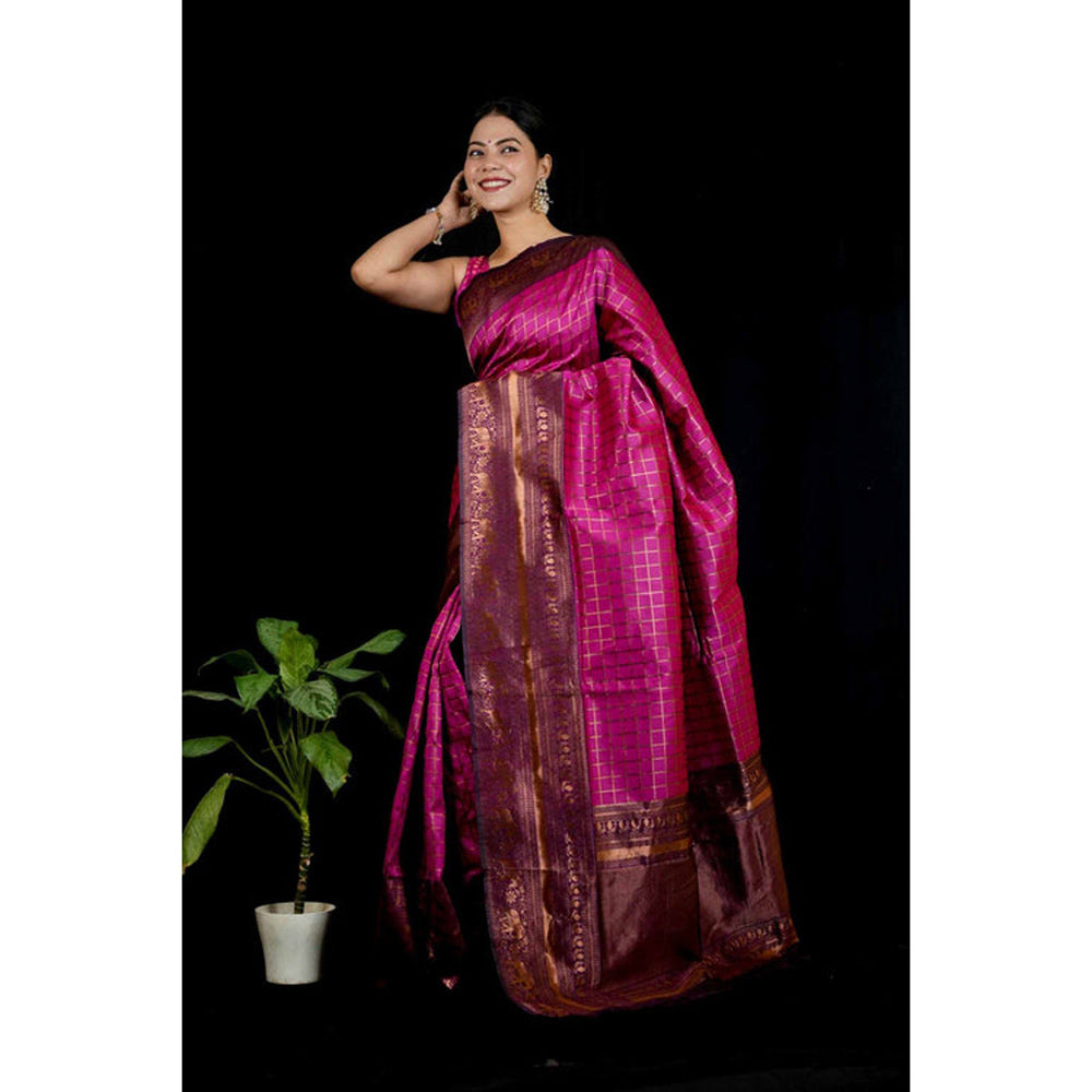Isadora Life Womens Checks Printed Pink Pre-Draped Saree with Unstitched Blouse
