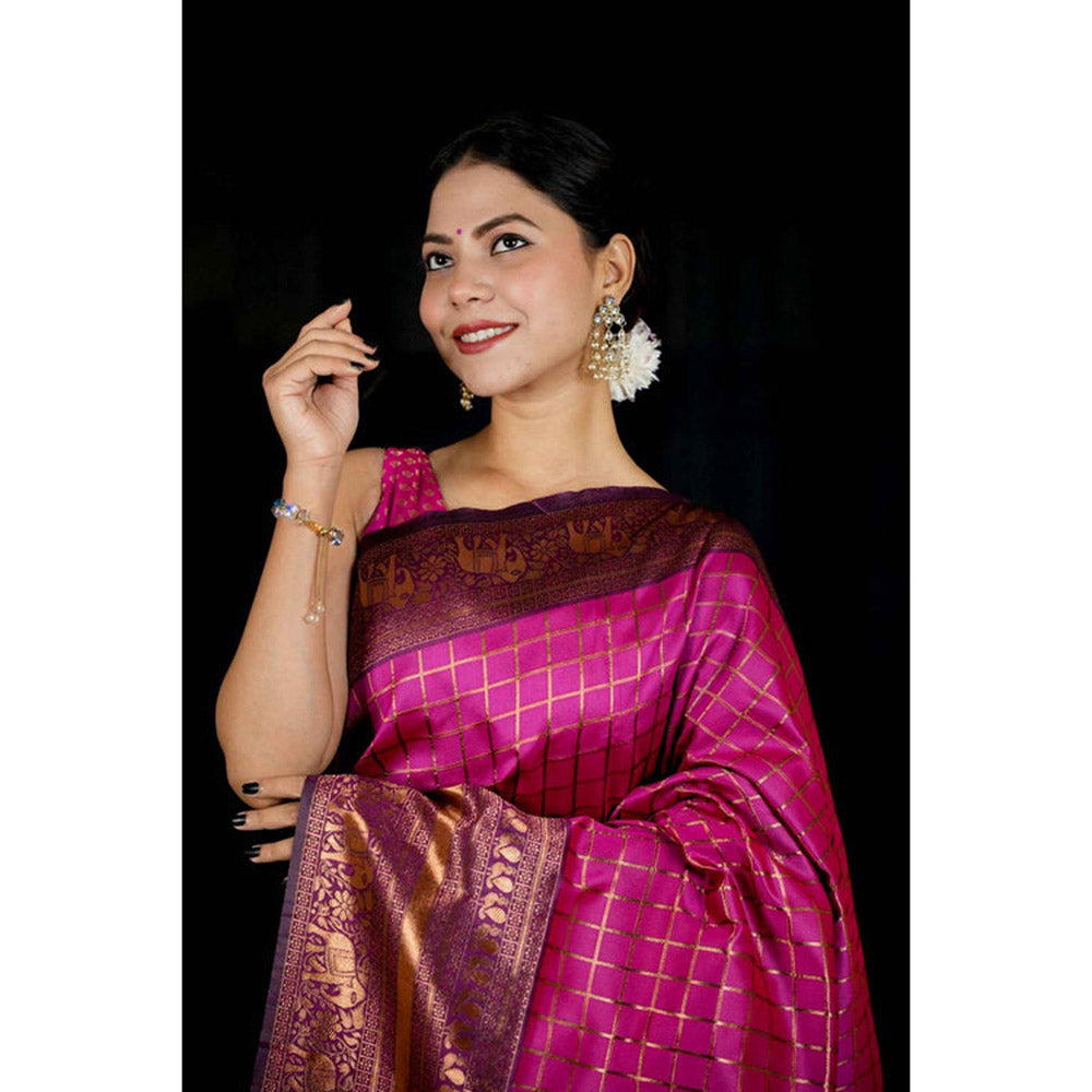 Isadora Life Womens Checks Printed Pink Pre-Draped Saree with Unstitched Blouse