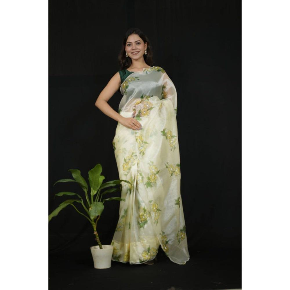 Isadora Life Womens Floral Printed Cream Pre-Draped Saree with Unstitched Blouse