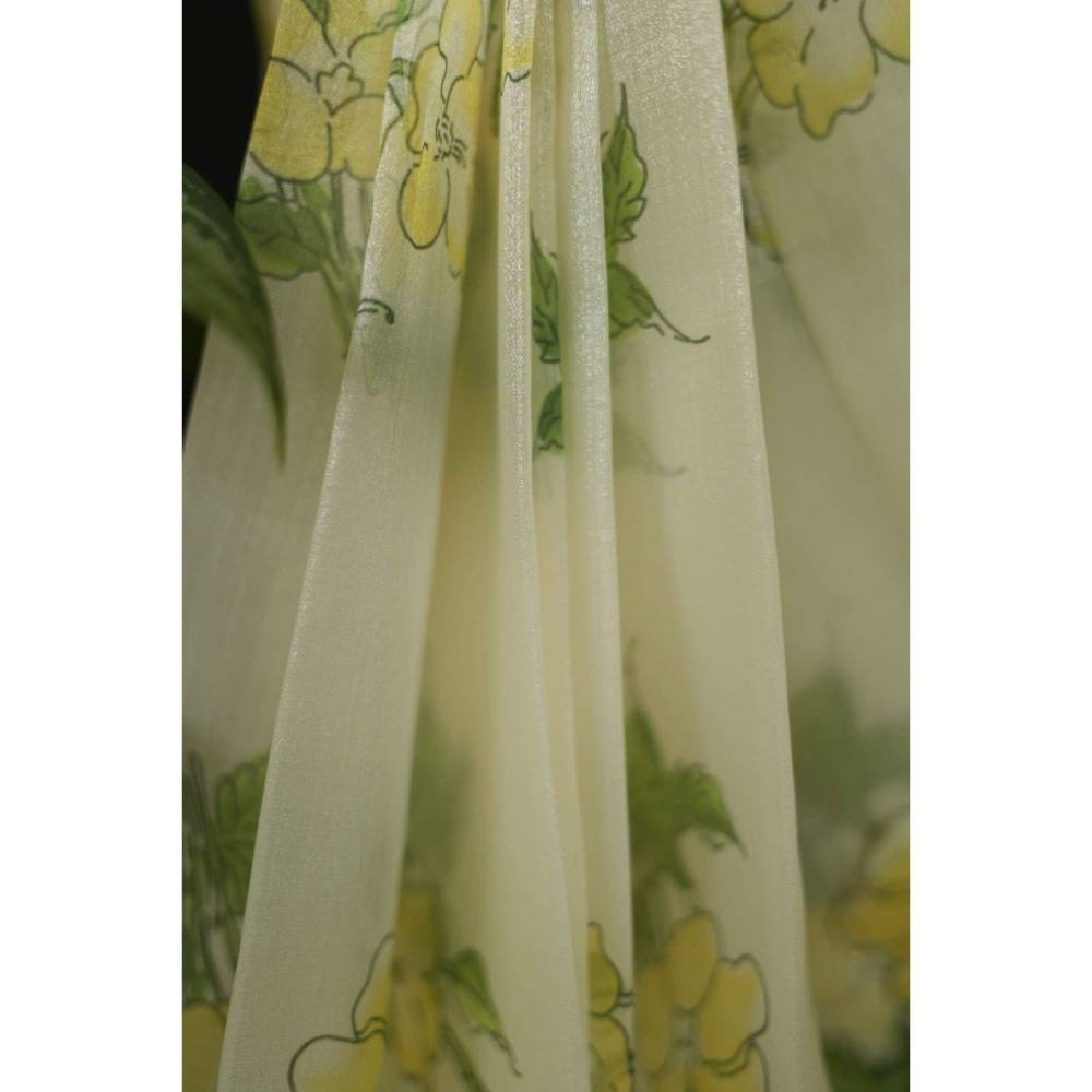 Isadora Life Womens Floral Printed Cream Pre-Draped Saree with Unstitched Blouse