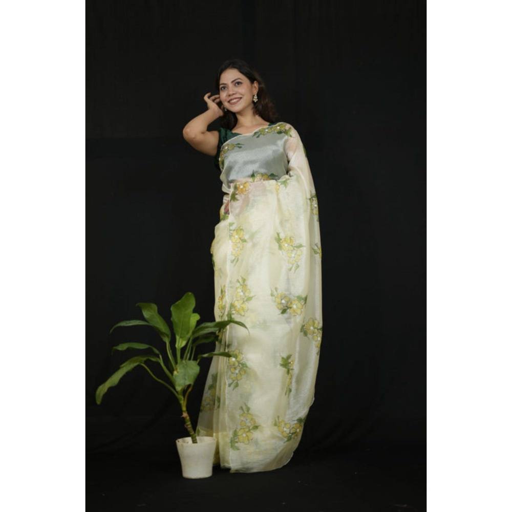 Isadora Life Womens Floral Printed Cream Pre-Draped Saree with Unstitched Blouse
